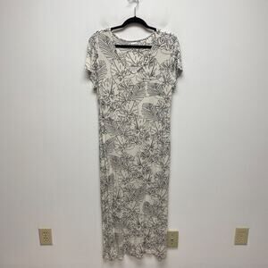 Soma Lounge Maxi Dress Tropical Print Short Sleeve Side Slit Cream Medium